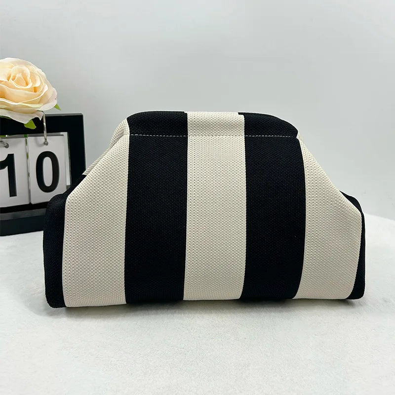 Contrast Crochet Handbag, Women Knit Stripe Purse, Summer Beach Clutch, Colorblock Dumpling Bag for Travel and Casual