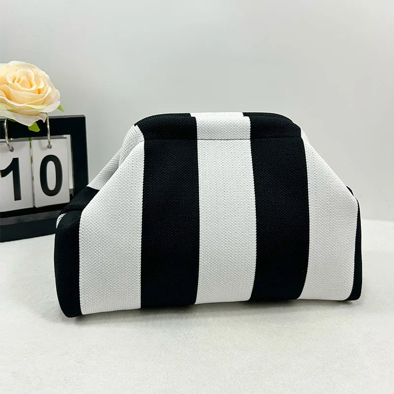 Contrast Crochet Handbag, Women Knit Stripe Purse, Summer Beach Clutch, Colorblock Dumpling Bag for Travel and Casual