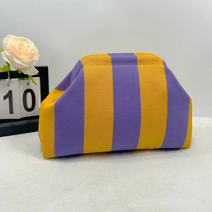 Contrast Crochet Handbag, Women Knit Stripe Purse, Summer Beach Clutch, Colorblock Dumpling Bag for Travel and Casual