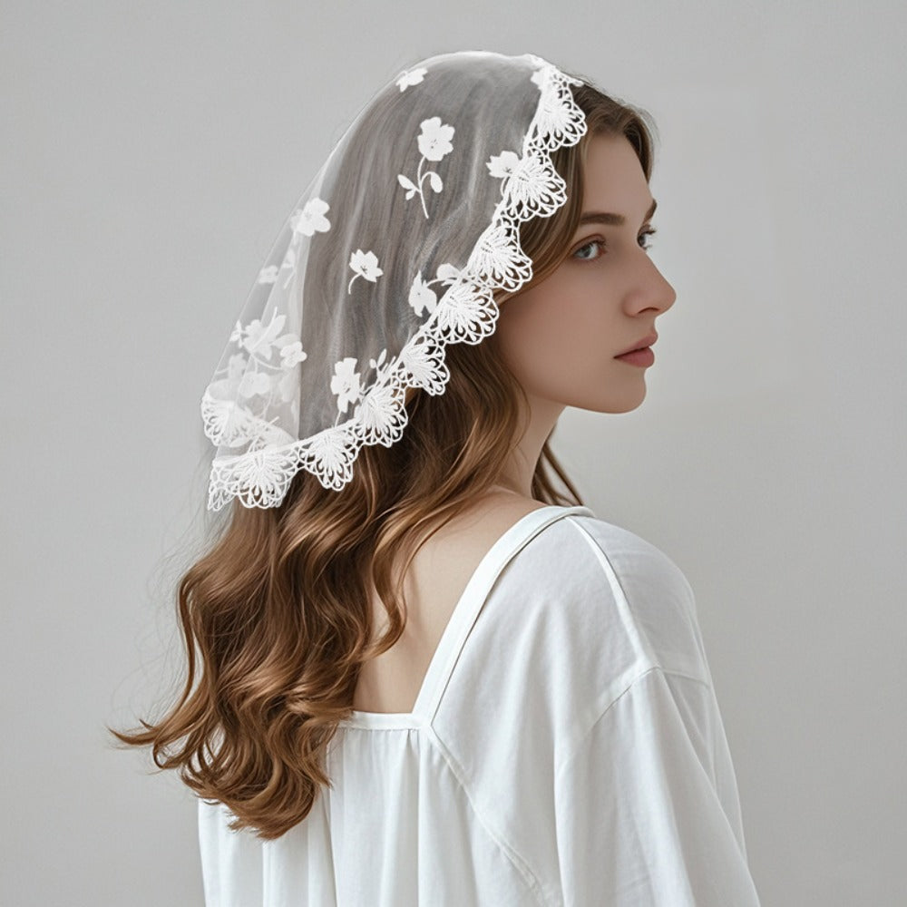 Fashion Elegant Lace Flower HeadCovering, Ethnic Trendy HeadScarf & Church Hair Veil for Women Wedding, Party Evening