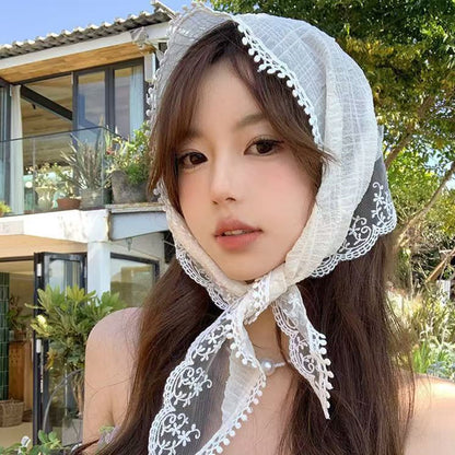 French Chic Alice White Lace Triangle Hair Wrap, Elegant Fashion Accessory for Women