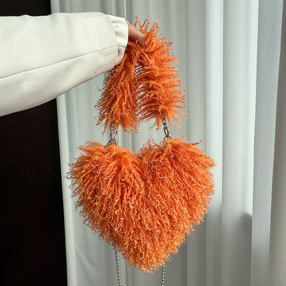 Oversized Faux Fur Heart Shape Tote Bag for Women, Mongolian Furry Handbag, Long Shoulder Strap, Soft Plush Purse