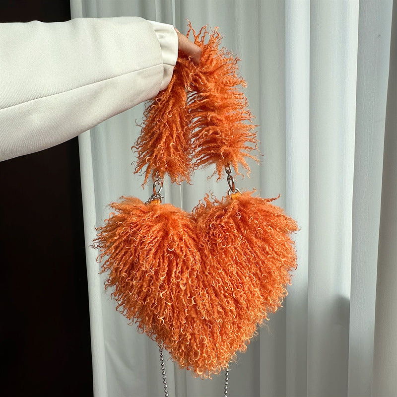 Oversized Faux Fur Heart Shape Tote Bag for Women, Mongolian Furry Handbag, Long Shoulder Strap, Soft Plush Purse
