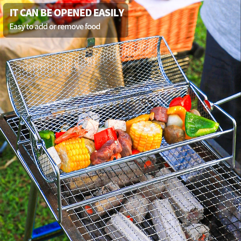 Heavy-Duty Stainless Steel Rotating Grill Basket, Perfect for Rotisserie-Style Roasting and Grilling