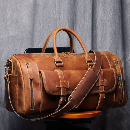 Large Weekend Tote Bag for Men, Vintage Crazy Horse Leather Travel Duffle, Genuine Leather Large Luggage Carry Bag