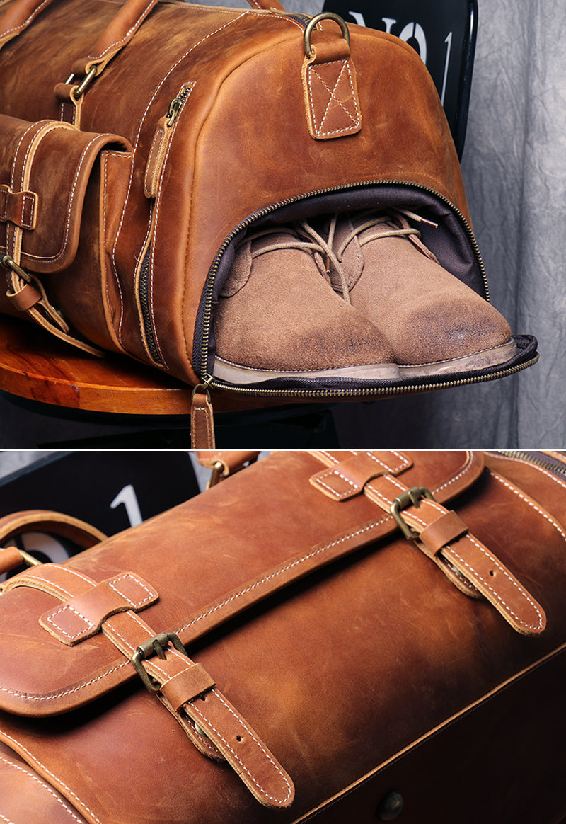 Large Weekend Tote Bag For Men Vintage Crazy Horse Leather Travel Duffle Genuine Leather Large Lugg 4