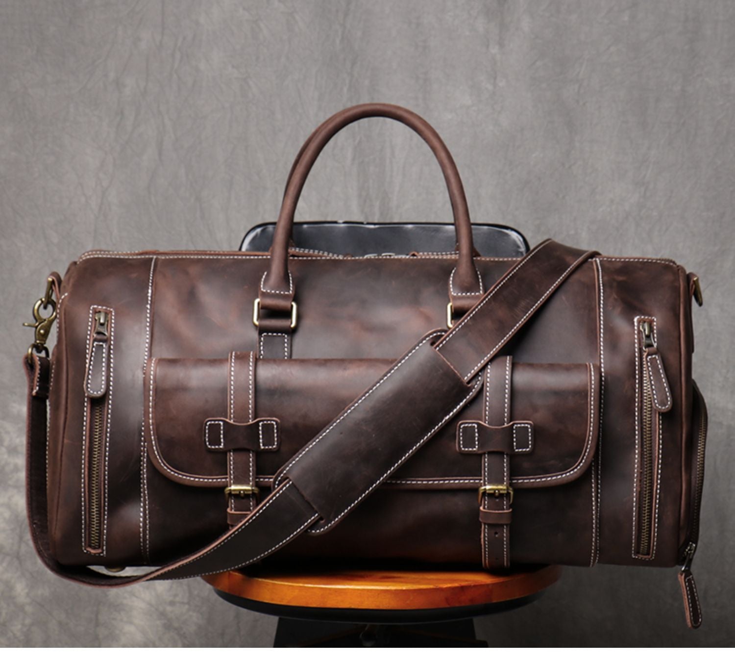 Large Weekend Tote Bag For Men Vintage Crazy Horse Leather Travel Duffle Genuine Leather Large Lugg 7