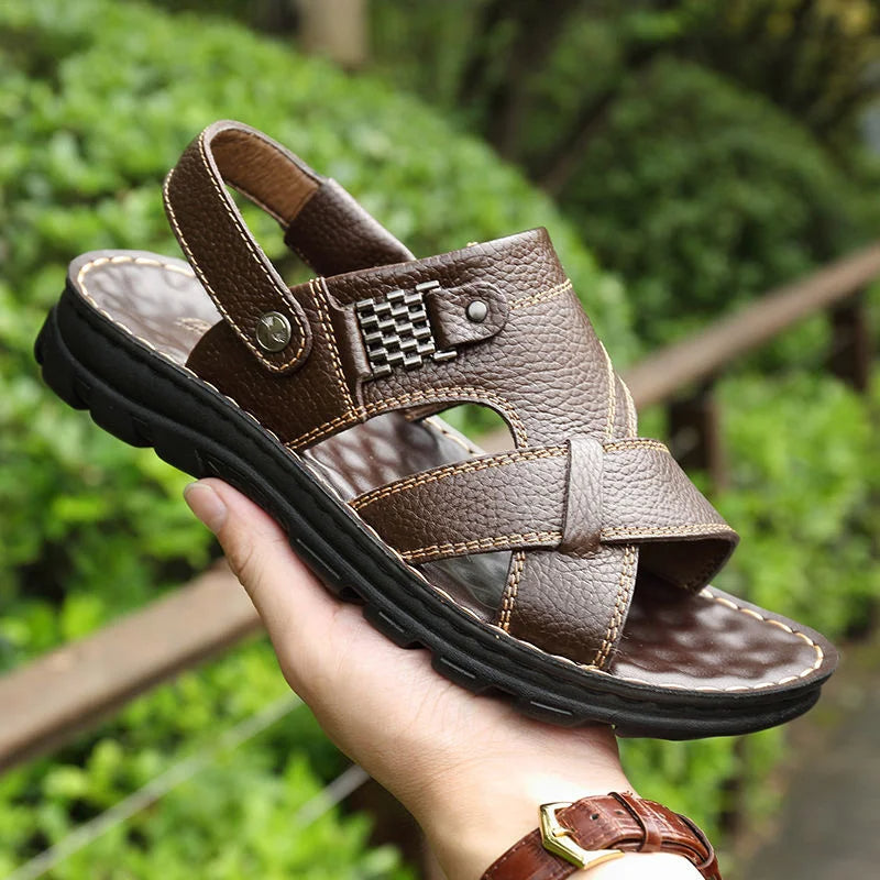 Summer Men Leather Sandals Genuine Soft Comfort Outdoor Thick-Soled Beach Shoes, Non-slip Breathable Slippers