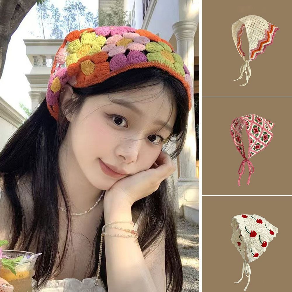 Sweet Knitted Triangle Headband French Pastoral Style Handmade Girl Flower Headscarf Crochet Hollow Beach Vacation Headkerchief