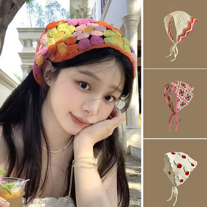 Sweet Knitted Triangle Headband French Pastoral Style Handmade Girl Flower Headscarf Crochet Hollow Beach Vacation Headkerchief