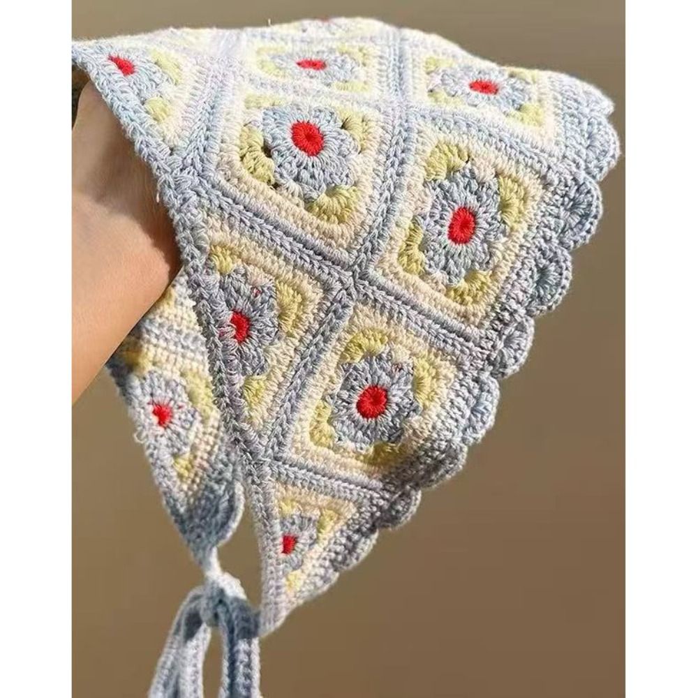 Sweet Knitted Triangle Headband French Pastoral Style Handmade Girl Flower Headscarf Crochet Hollow Beach Vacation Headkerchief