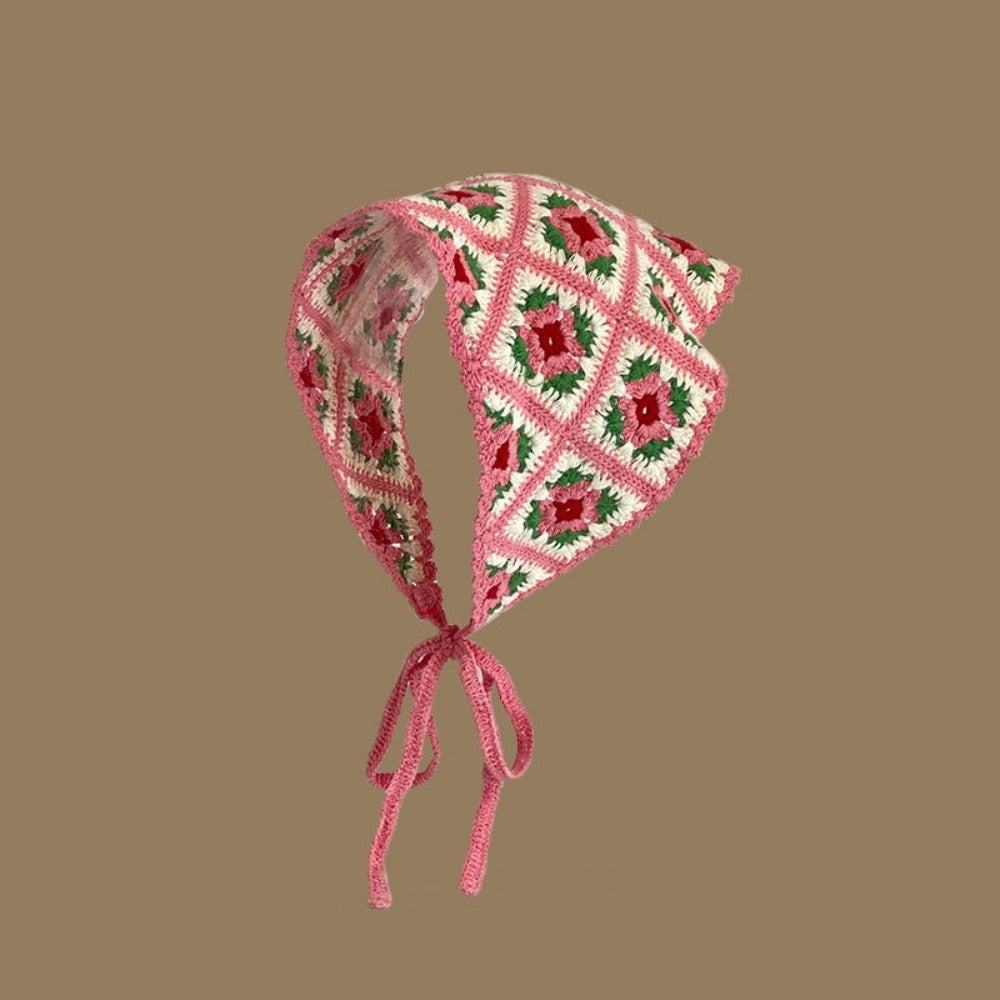 Sweet Knitted Triangle Headband French Pastoral Style Handmade Girl Flower Headscarf Crochet Hollow Beach Vacation Headkerchief