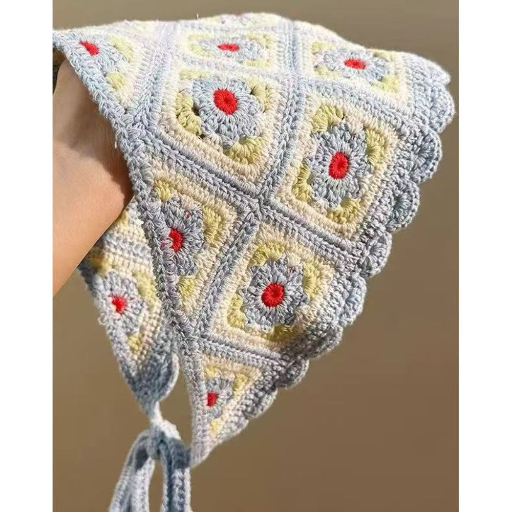 Sweet Knitted Triangle Headband French Pastoral Style Handmade Girl Flower Headscarf Crochet Hollow Beach Vacation Headkerchief