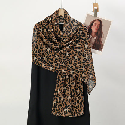Chiffon Leopard Print Hijab Scarf, Muslim Womens Fashion Shawl, Islamic Turban Headscarf for Ramadan & Daily Wear