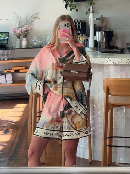 Womens Summer 2025 Printed Shirt And Shorts Set  Casual Holiday Outfit 1