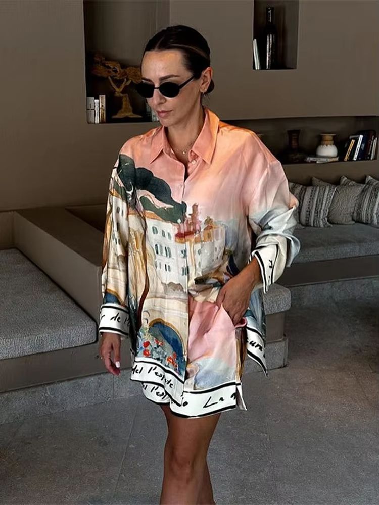 Womens Summer 2025 Printed Shirt And Shorts Set  Casual Holiday Outfit 4