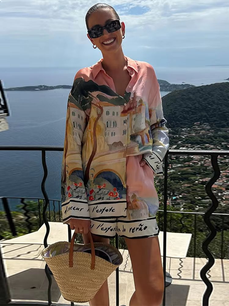 Womens Summer 2025 Printed Shirt And Shorts Set  Casual Holiday Outfit 8