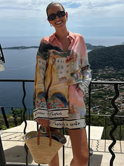 Womens Summer 2025 Printed Shirt And Shorts Set  Casual Holiday Outfit 8