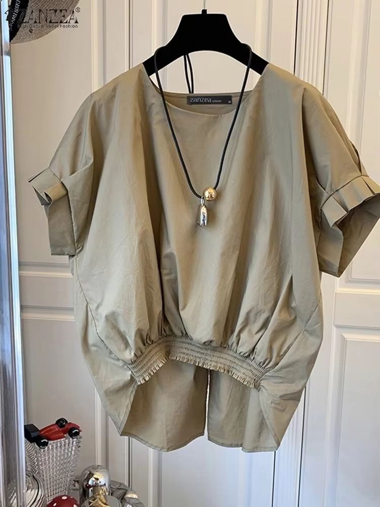 ZANZEA Women's Summer Shirred Hem Short Sleeve Blouse with Slit Back