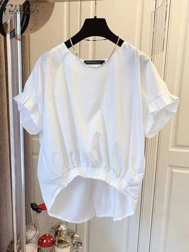 ZANZEA Womens Summer Shirred Hem Short Sleeve Blouse With Slit Back 1