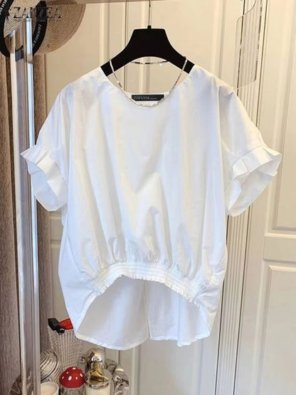 ZANZEA Womens Summer Shirred Hem Short Sleeve Blouse With Slit Back 1