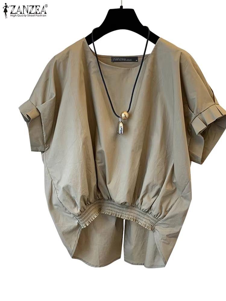 ZANZEA Womens Summer Shirred Hem Short Sleeve Blouse With Slit Back 2