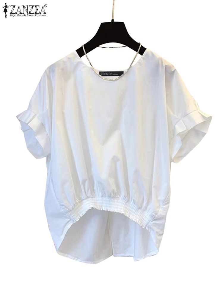 ZANZEA Womens Summer Shirred Hem Short Sleeve Blouse With Slit Back 3