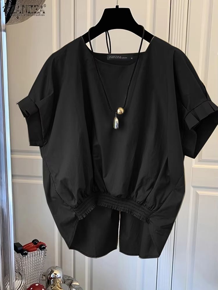 ZANZEA Womens Summer Shirred Hem Short Sleeve Blouse With Slit Back 8