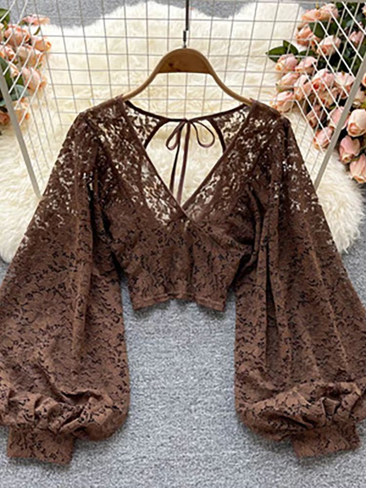 Women's Lace Open Back Blouse – V-Neck Puff Sleeve Cropped Party Top