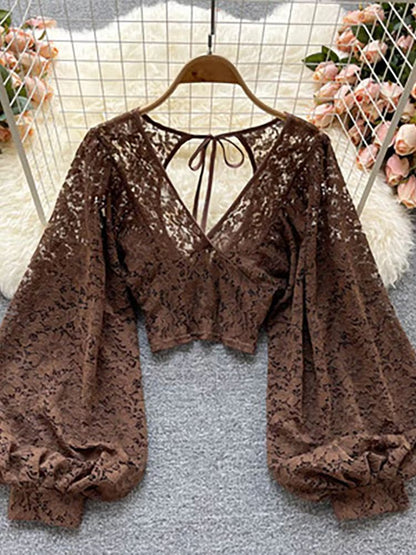 Women's Lace Open Back Blouse – V-Neck Puff Sleeve Cropped Party Top