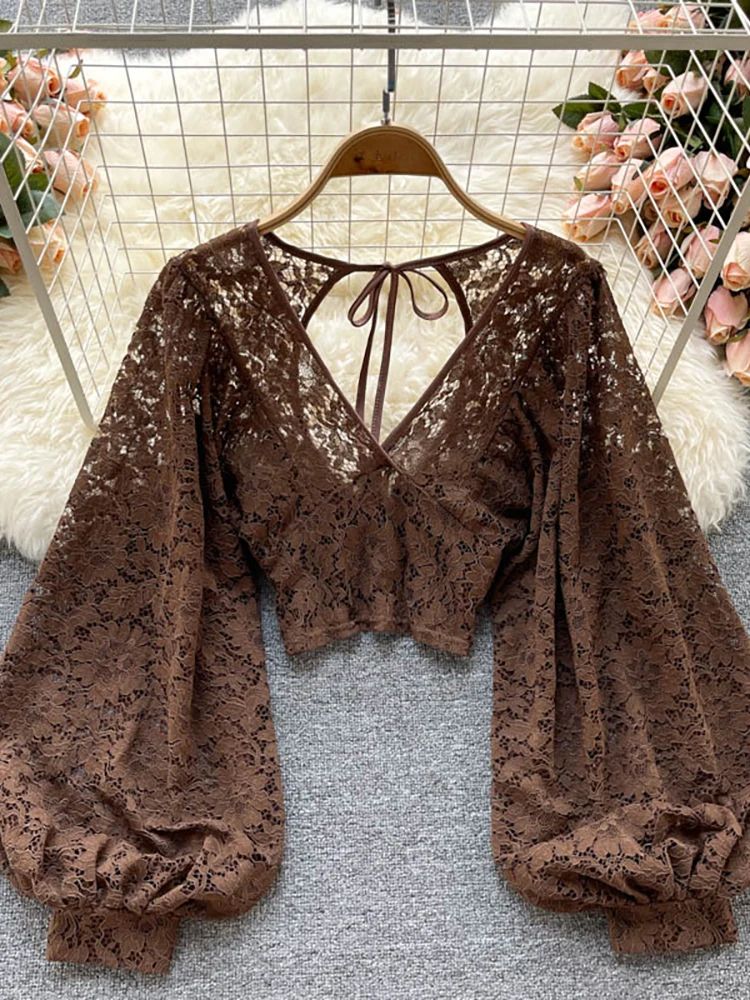 Womens Lace Open Back Blouse  VNeck Puff Sleeve Cropped Party Top 9