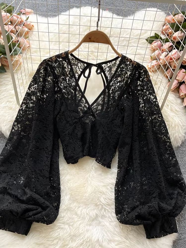 Womens Lace Open Back Blouse  VNeck Puff Sleeve Cropped Party Top 2
