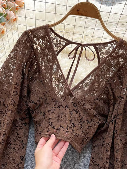 Womens Lace Open Back Blouse  VNeck Puff Sleeve Cropped Party Top 3