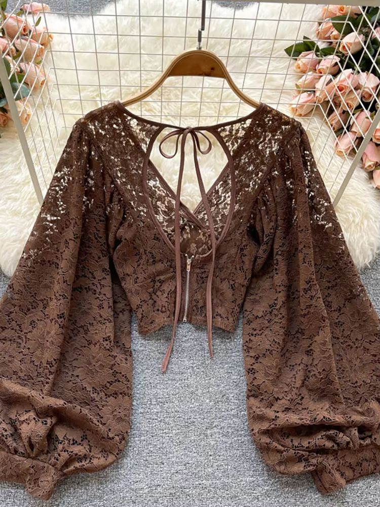 Womens Lace Open Back Blouse  VNeck Puff Sleeve Cropped Party Top 4
