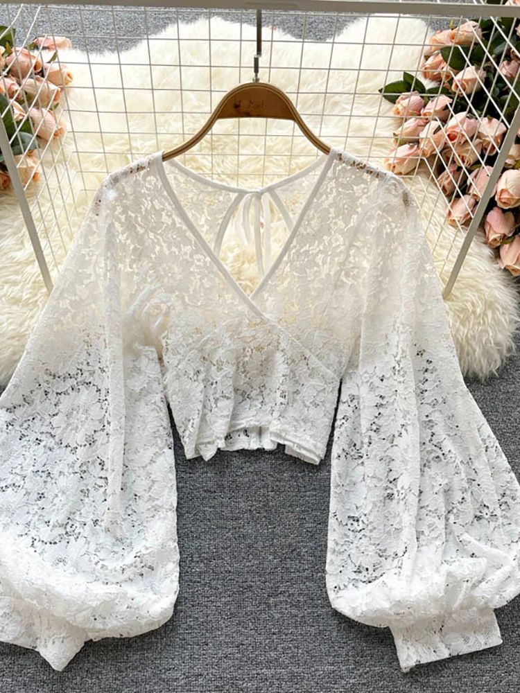 Womens Lace Open Back Blouse  VNeck Puff Sleeve Cropped Party Top 6