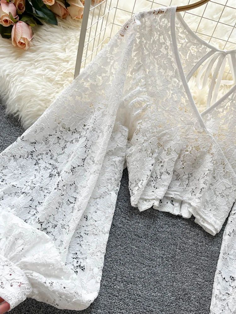 Womens Lace Open Back Blouse  VNeck Puff Sleeve Cropped Party Top 7