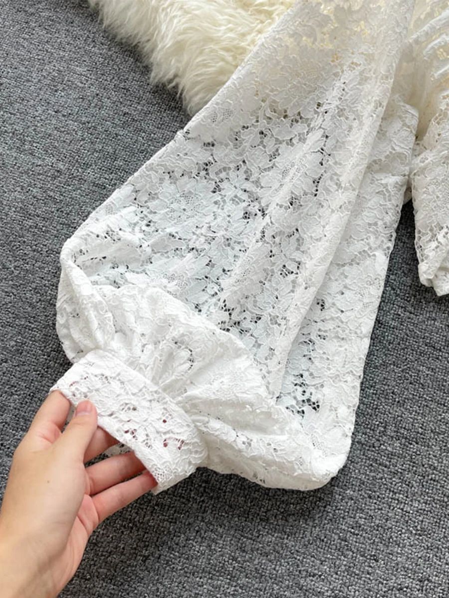 Womens Lace Open Back Blouse  VNeck Puff Sleeve Cropped Party Top 8