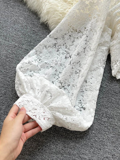 Womens Lace Open Back Blouse  VNeck Puff Sleeve Cropped Party Top 8