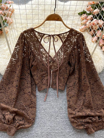 Womens Lace Open Back Blouse  VNeck Puff Sleeve Cropped Party Top 10