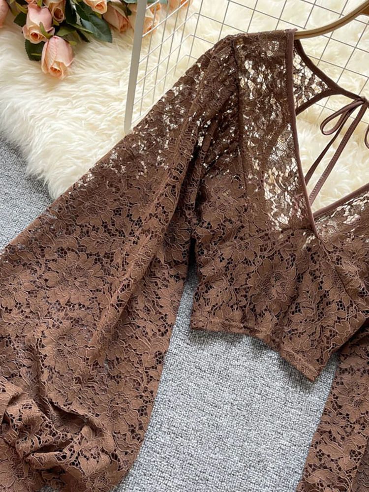 Womens Lace Open Back Blouse  VNeck Puff Sleeve Cropped Party Top 11