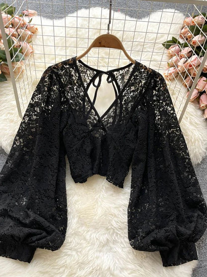 Womens Lace Open Back Blouse  VNeck Puff Sleeve Cropped Party Top 12