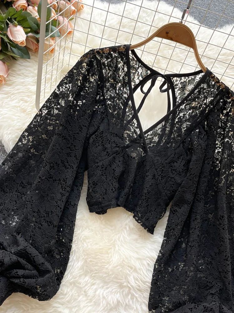 Womens Lace Open Back Blouse  VNeck Puff Sleeve Cropped Party Top 13