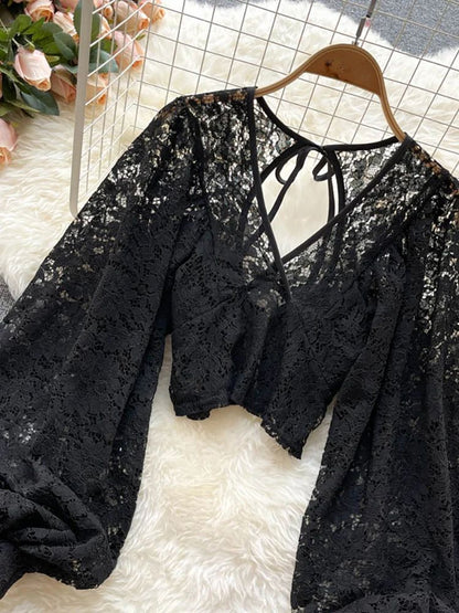 Womens Lace Open Back Blouse  VNeck Puff Sleeve Cropped Party Top 13
