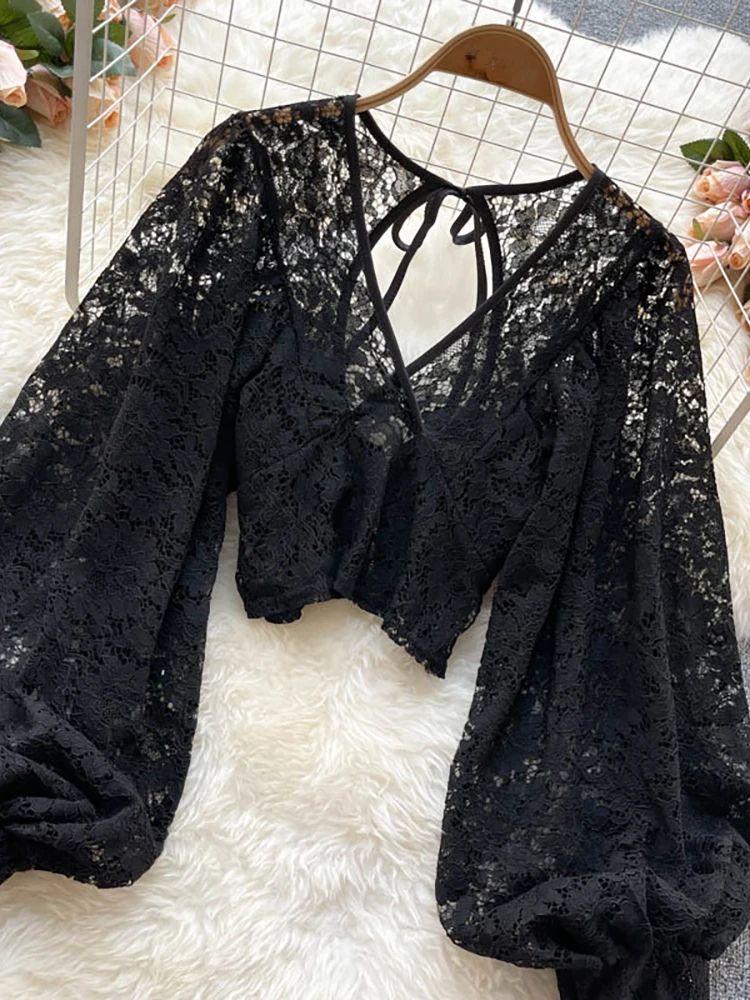 Womens Lace Open Back Blouse  VNeck Puff Sleeve Cropped Party Top 14