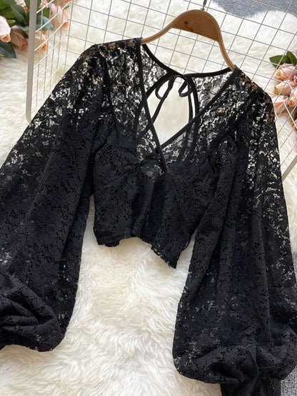 Womens Lace Open Back Blouse  VNeck Puff Sleeve Cropped Party Top 14