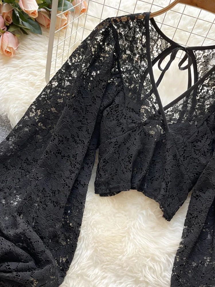 Womens Lace Open Back Blouse  VNeck Puff Sleeve Cropped Party Top 16