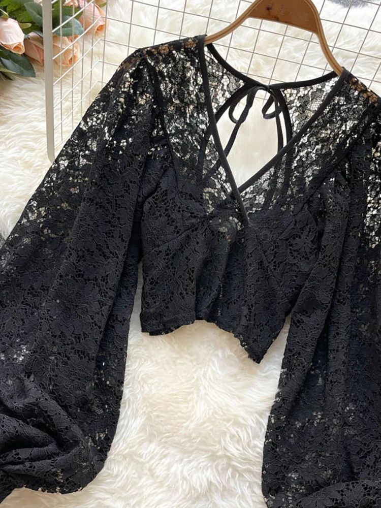 Womens Lace Open Back Blouse  VNeck Puff Sleeve Cropped Party Top 17