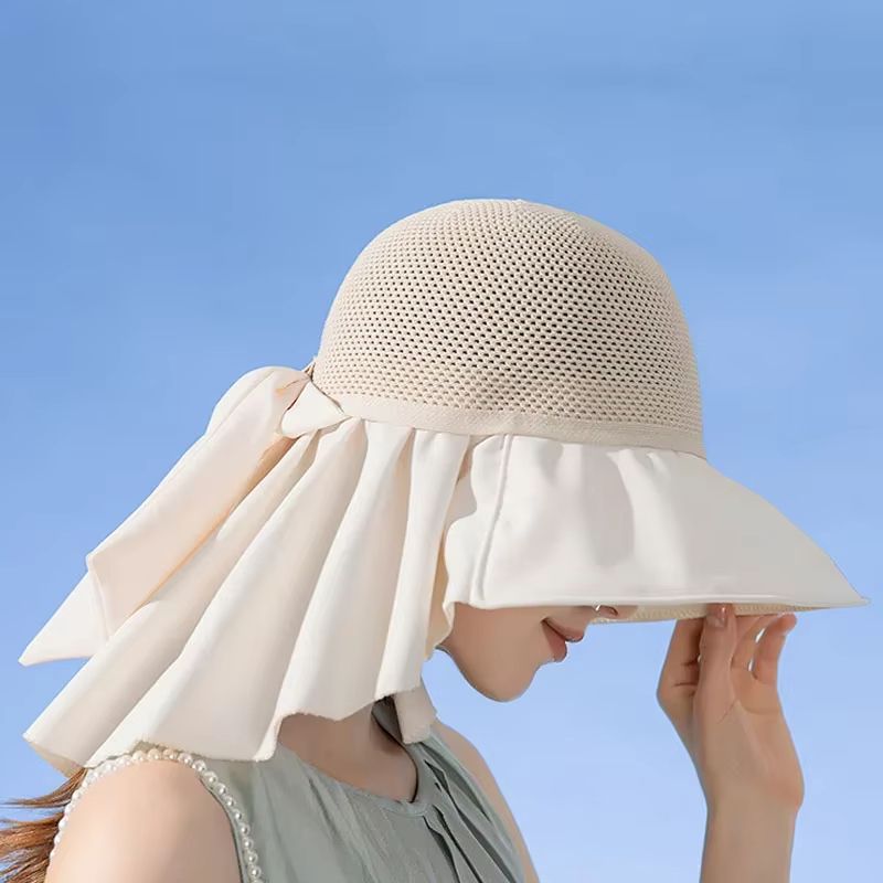 Women's Summer Sun Hat with Face and Neck Protection – Lightweight Mesh Bucket Hat with Shawl and Bow Detail