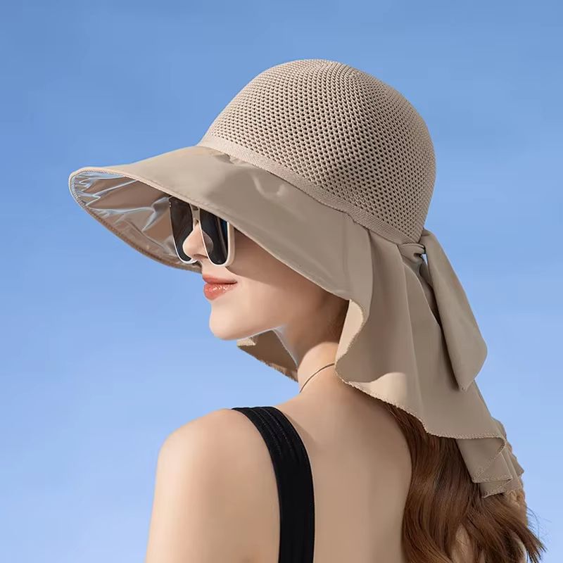Womens Summer Sun Hat With Face And Neck Protection  Lightweight Mesh Bucket Hat With Shawl And Bow 8