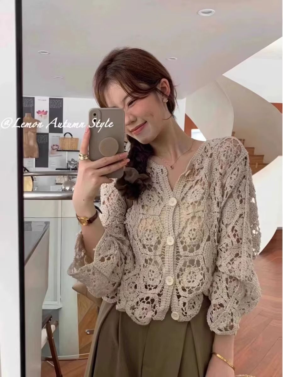 Elegant Crochet Knit ButtonUp Cardigan Beach Cover Up 1